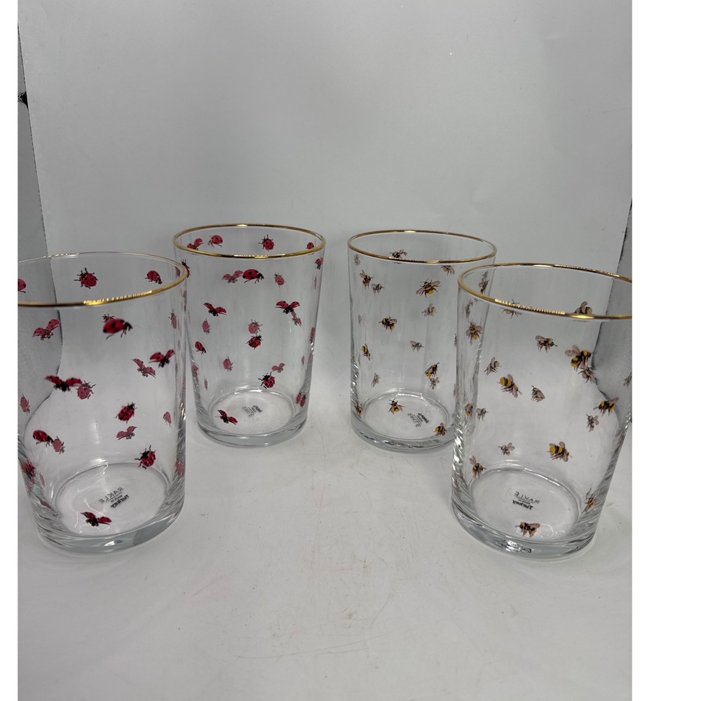 Rakle Glassware Set of 4 Ladybug and Bee Gold Rim Highball Glasse 17.24oz Turkey